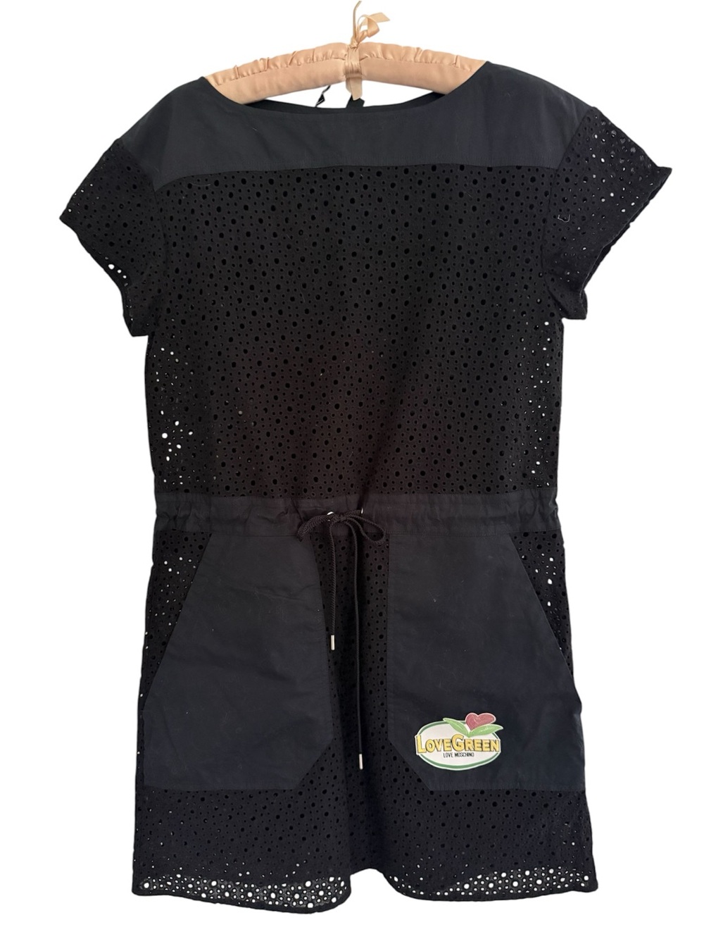 Moschino Sheer Black Eyelet Short Sleeve Dress with Drawstring
